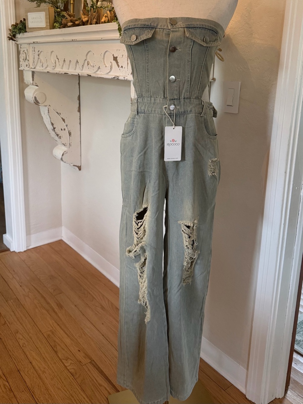 Light Denim Distressed Strapless Wide-Leg Jumpsuit